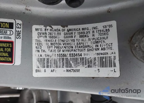 2006 Honda Civic Lx from USA, damaged, VIN 1HGFA16566L033464